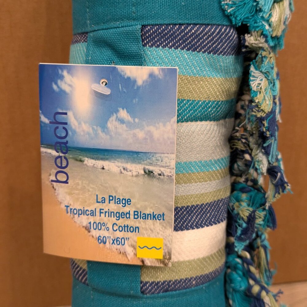 Portable Cotton Picnic Blanket 60” x 60” w/ Carry Strap & Fringe | Beach Camping - Picture 3 of 5